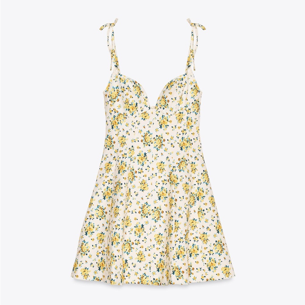 Zara Poplin White and Yellow Floral Mini Dress